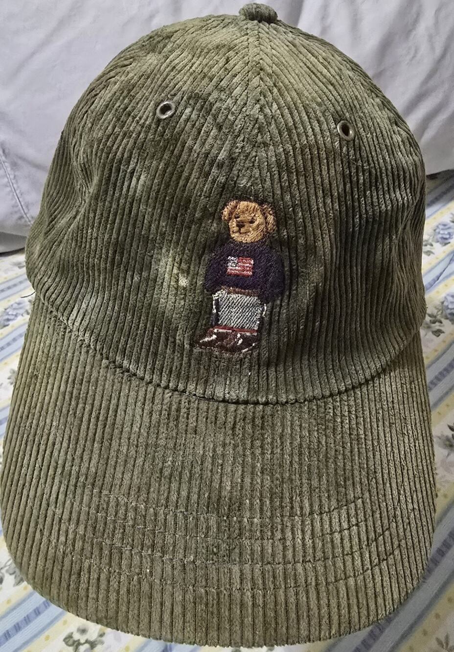 Vtg Polo Ralph Lauren USA Flag Olive Cap Hat Corduroy Bear Limited Strapback